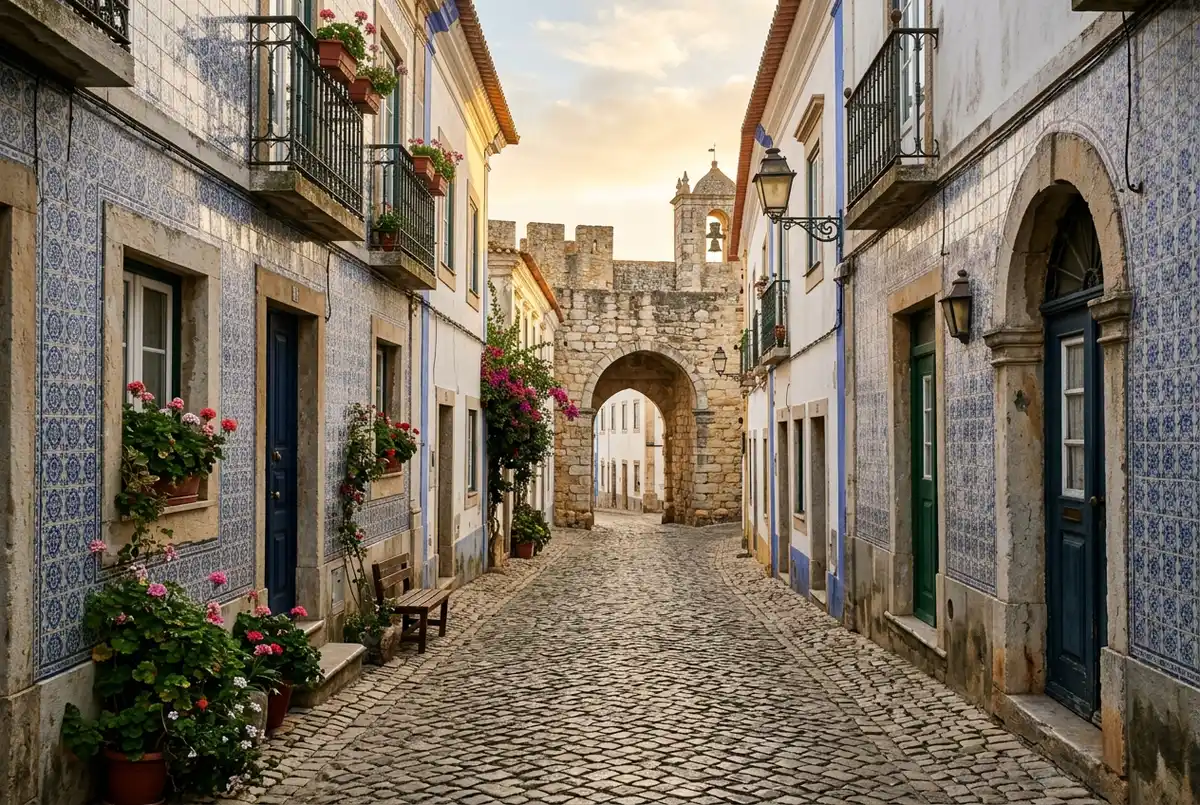 Vicolo acciottolato del centro storico murato di faro portogallo con facciate in azulejos e un arco antico sullo sfondo, luce calda di tardo pomeriggio, nessuna persona riconoscibile in primo piano