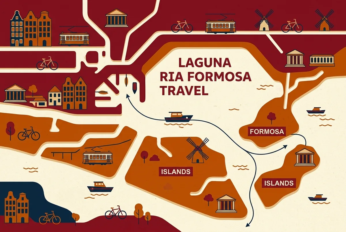 Infografica con mappa stilizzata della laguna della ria formosa che mostra un'icona generica barca dal porto di faro verso tre isole etichettate praia de faro, ilha deserta e culatra, senza prezzi o orari specifici
