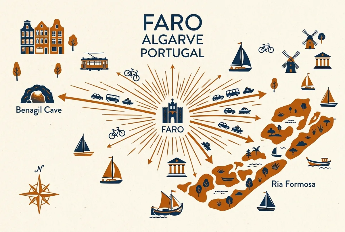 Infographie simple de type carte montrant Faro au centre avec des lignes rayonnant vers la grotte de Benagil sur la côte ouest et vers les îles de la lagune de Ria Formosa, temps de trajet en légendes génériques uniquement