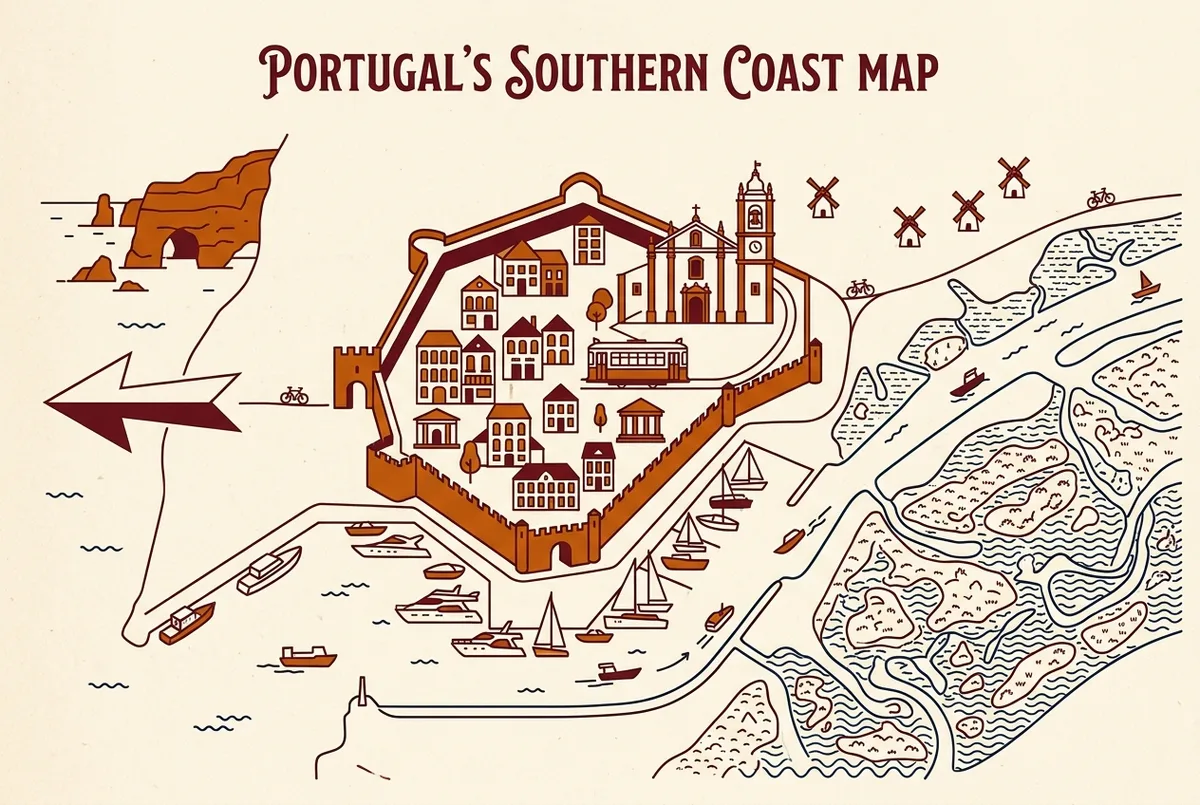 Carte illustrée simple de Faro Portugal montrant la vieille ville fortifiée, le port avec les bateaux vers la lagune de Ria Formosa, et une flèche pointant vers la côte ouest en direction de la grotte de Benagil, style icônes plates, légendes génériques uniquement