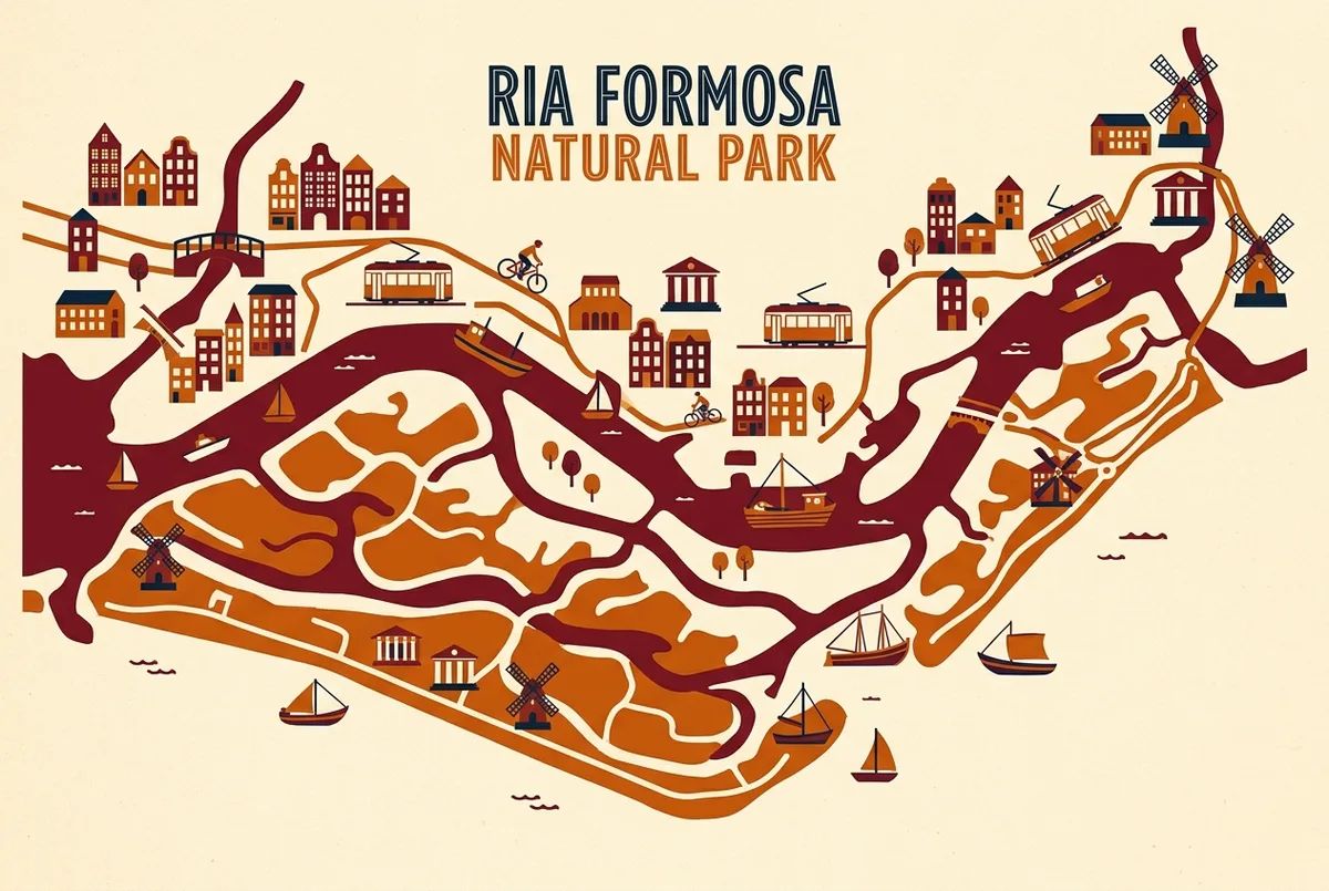 illustrated map of amsterdam highlights for Isole e Parco Naturale della Ria Formosa vicino a Faro, parco naturale faro portogallo