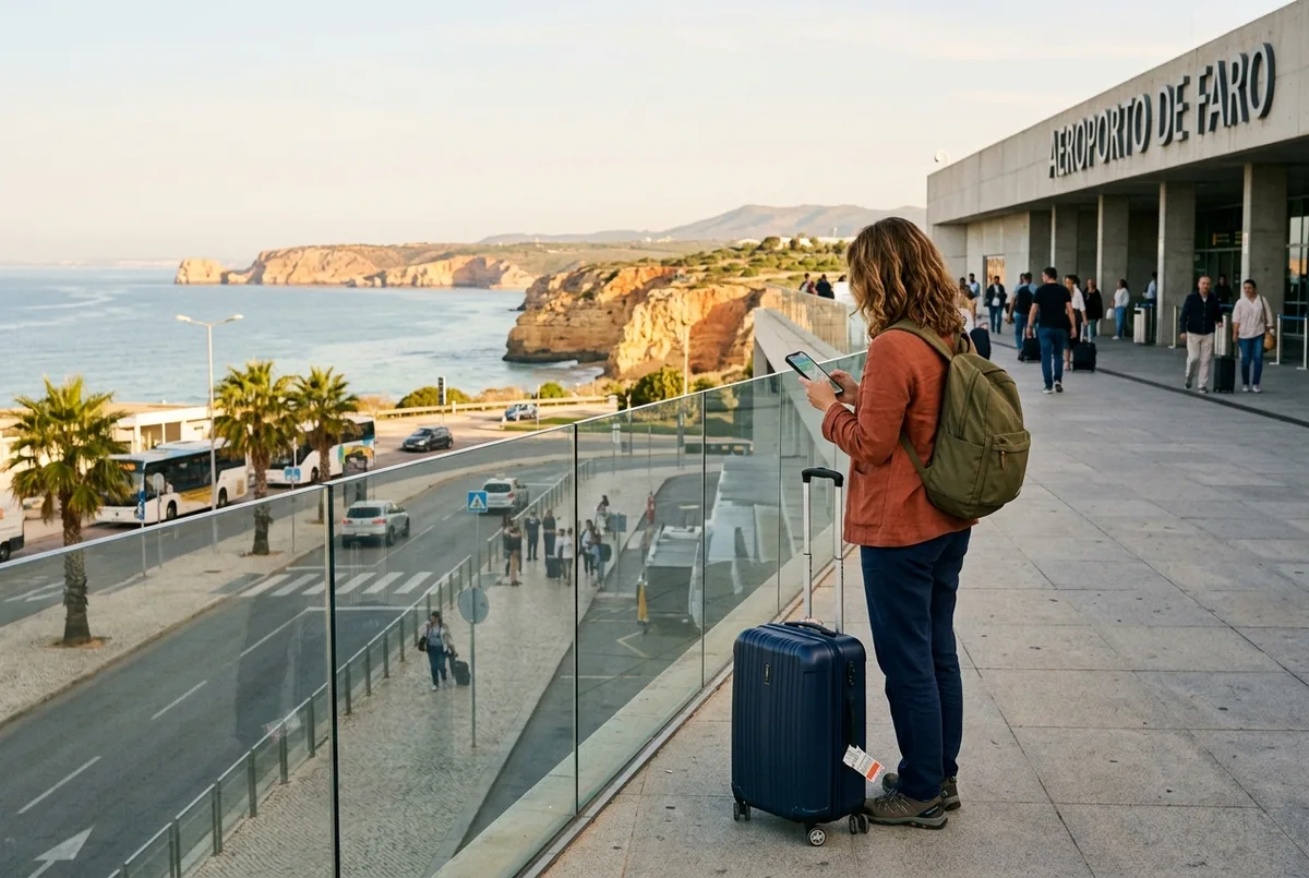 Traveler with a rolling suitcase outside Faro airport checking a phone map with the Algarve coastline toward Benagil visible in the distance, morning light