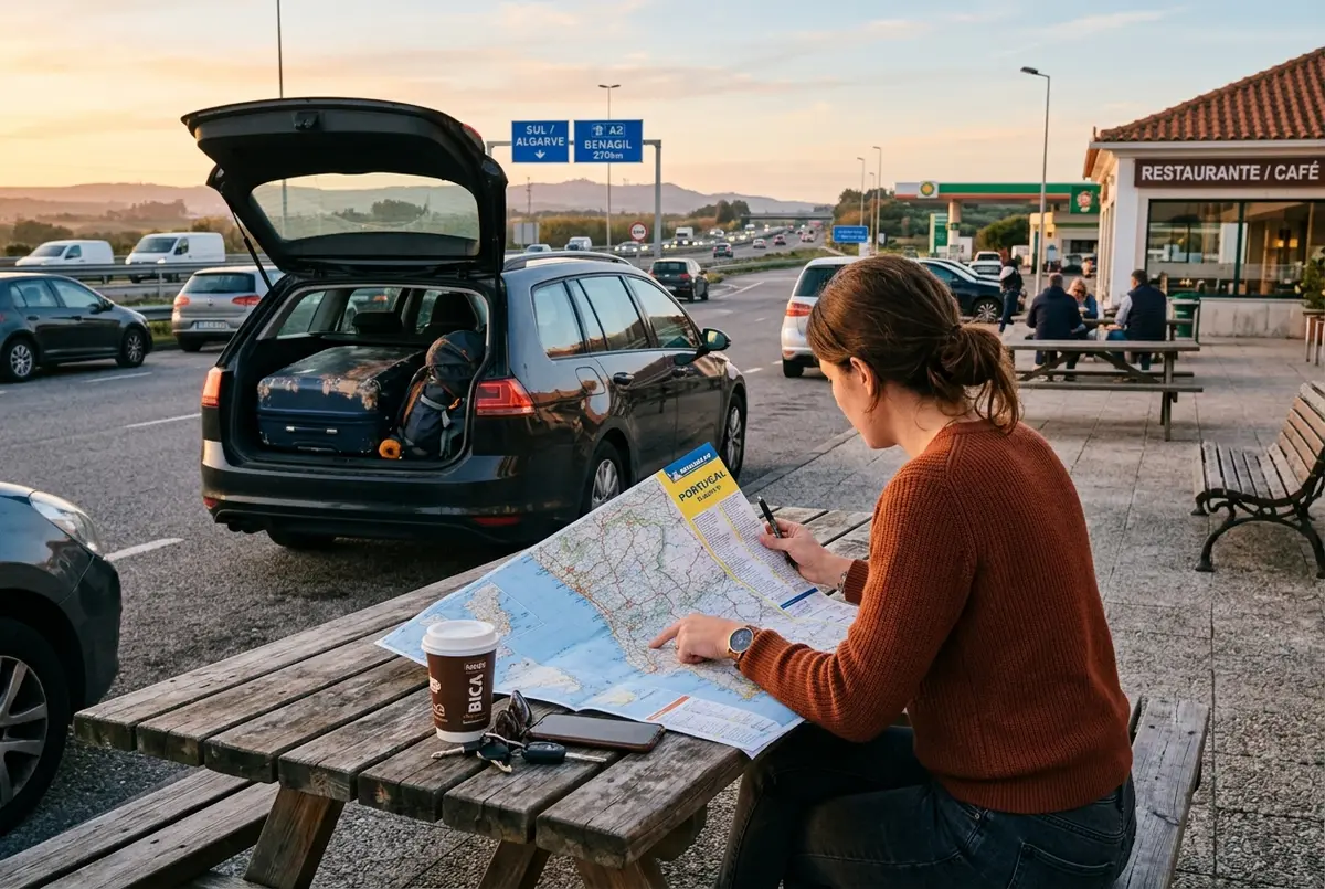 Traveler studying a road map at a Lisbon highway rest stop with a suitcase in the car, early morning light before a long drive south to the Algarve