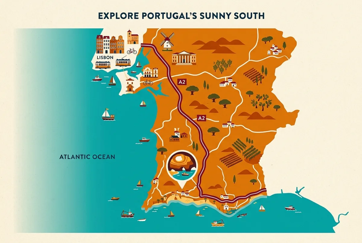 Simple map-style infographic showing the route from Lisbon south to the Algarve with the A2 motorway marked and Benagil highlighted near the coast, flat icon style, no distances or statistics shown