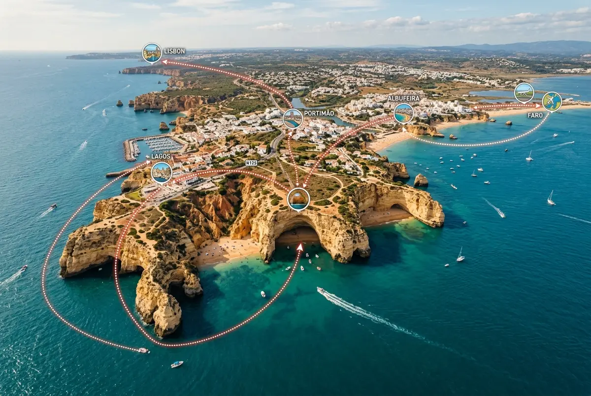Wide overhead style map scene of the Algarve coastline near Benagil with small icons marking Portimao, Lagos, Albufeira, Faro and Lisbon, dotted route lines converging on the sea cave