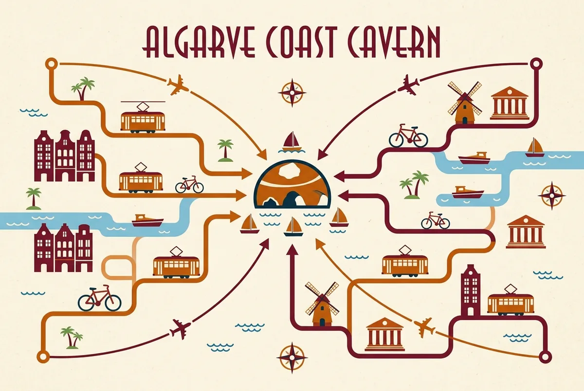 Simple flat-icon infographic showing route lines and travel times from major Algarve towns and Lisbon converging on the Benagil caves, generic town labels only, no statistics or numbers