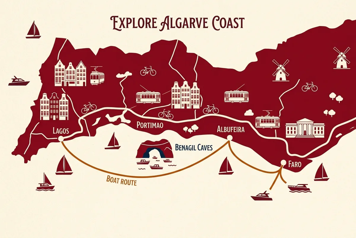 Map style illustration of the Algarve coastline marking the Benagil Caves between Portimao, Lagos, Albufeira and Faro with a boat route line