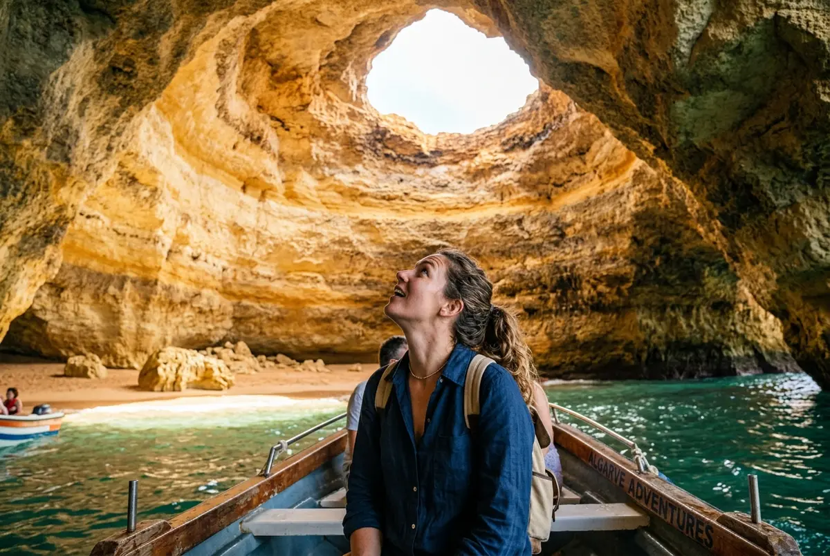 Traveler on a small boat looking up in genuine awe at the sunlit skylight inside Algar de Benagil cave, checking whether the benagil cave tour is worth it, midday golden light