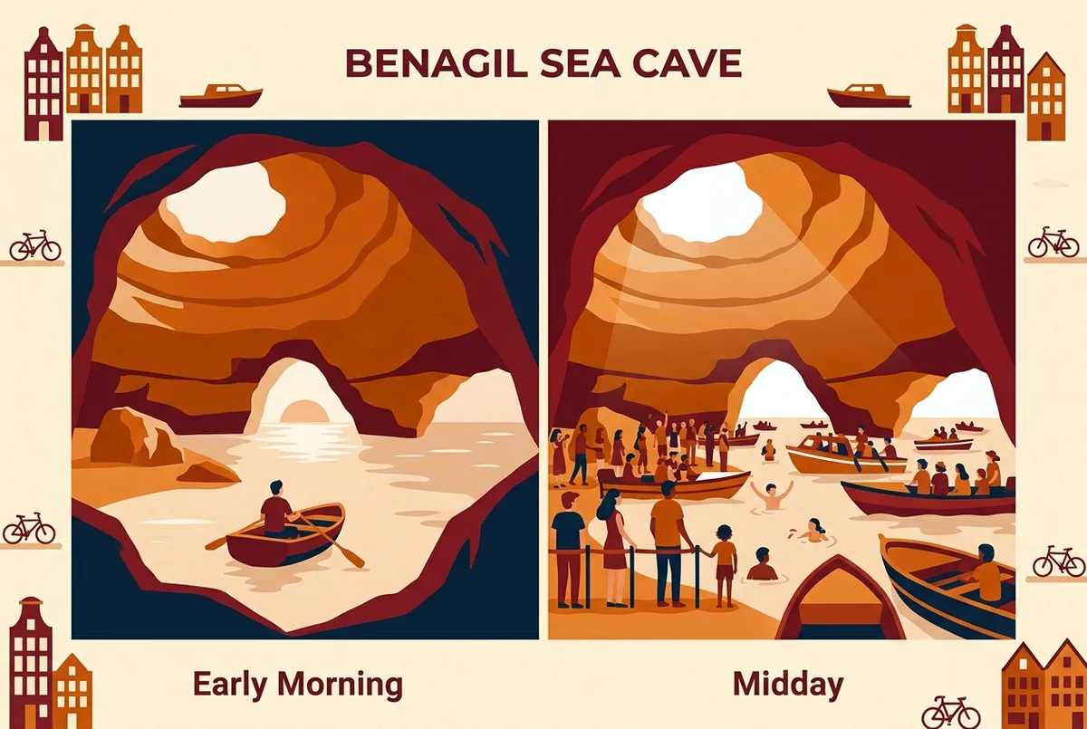 Simple comparison-style infographic showing a calm early-morning cave visit versus a crowded midday scene at Algar de Benagil, flat icon style, generic labels only, no statistics