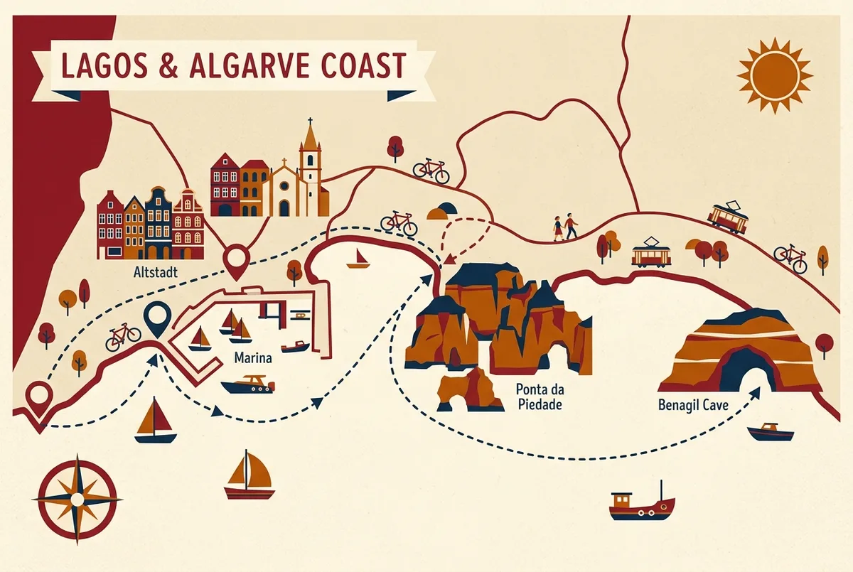 Einfache Flat-Icon-Karte von Lagos mit markierten Punkten für Altstadt, Marina und Ponta da Piedade sowie einer Routenlinie Richtung Benagil-Höhle weiter östlich, generische Ortsbeschriftungen