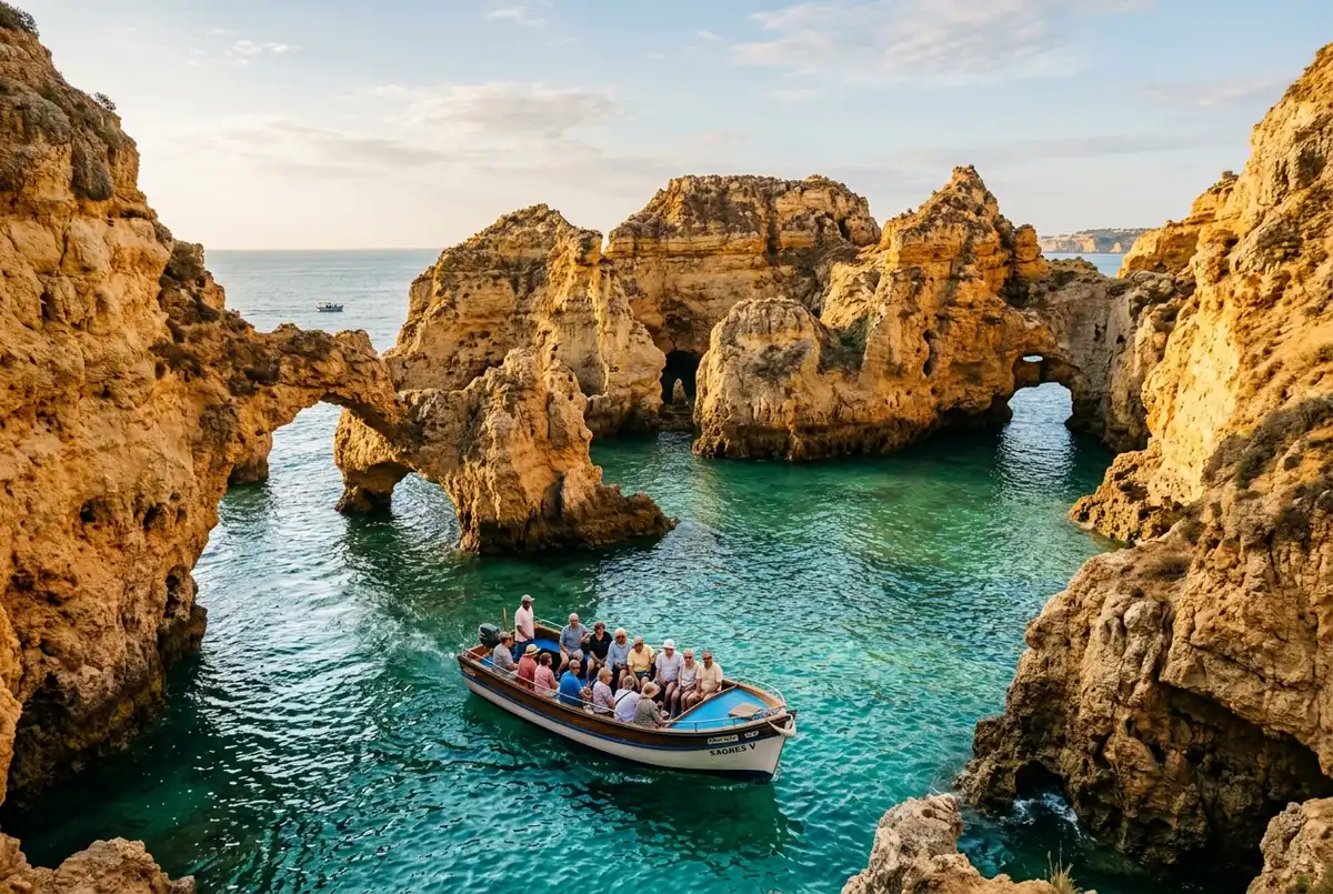 Bateau à fond de falaises dorées et arches rocheuses de Ponta da Piedade à Lagos Portugal avec eau turquoise, lumière de fin d'après midi, que faire à lagos