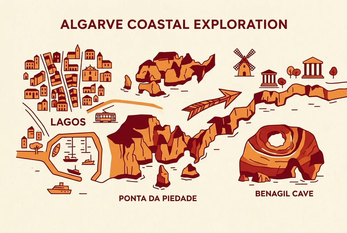Carte illustrée simple montrant la vieille ville de Lagos, la marina, Ponta da Piedade et une flèche pointant vers l'est en direction de la grotte de Benagil sur la côte de l'Algarve, style icônes plates, légendes génériques uniquement