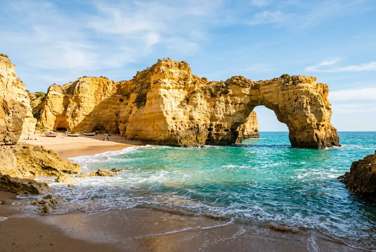 Formazione rocciosa dorata su una delle spiagge di lagos con acqua turchese e un piccolo arco naturale scavato dal mare, luce calda di metà mattina, nessuna persona riconoscibile in primo piano