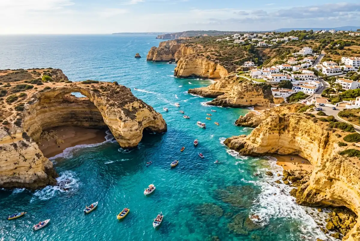 Aerial view of golden limestone cliffs along the Algarve coast near Benagil village, Portugal, showing the sea cave's collapsed roof and turquoise water below, clear afternoon light