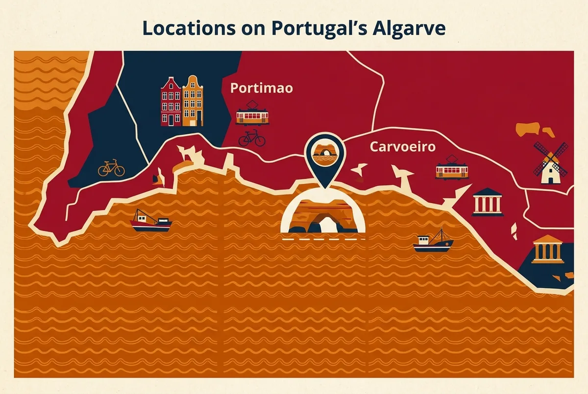 Simple map-style infographic showing Benagil's location on Portugal's Algarve coast between Portimao and Carvoeiro, with the sea cave marked, flat icon style, generic labels only