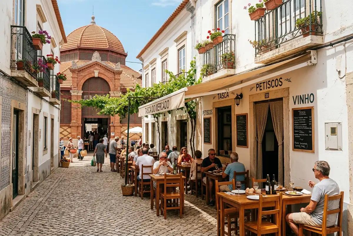 Sunlit old town street in Loule Algarve with outdoor tables outside a traditional Portuguese tasca restaurant near the covered market, midday