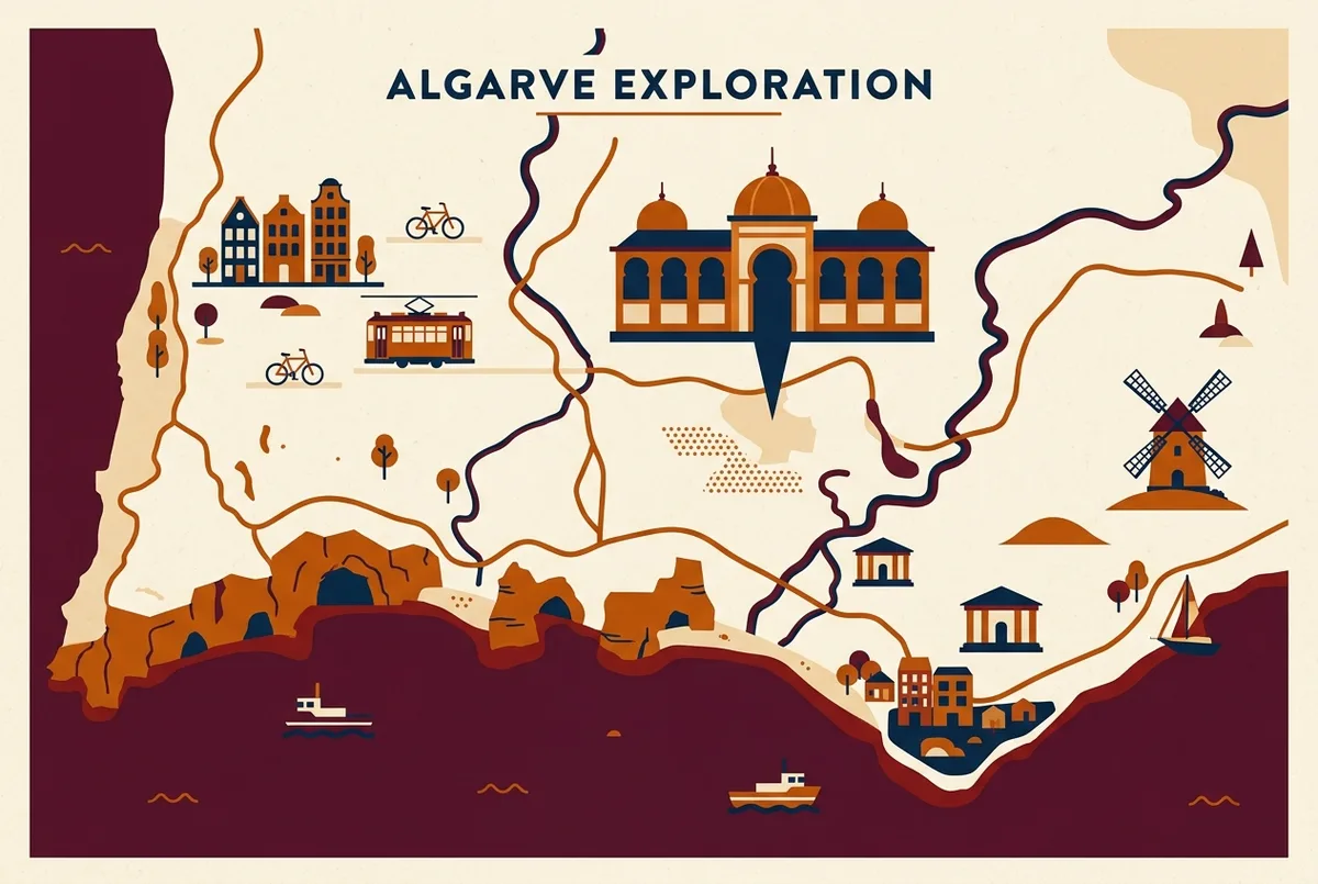 Simple map-style infographic showing Loule's inland position relative to the Algarve coast and Benagil, with the covered market marked, flat icon style, generic labels only