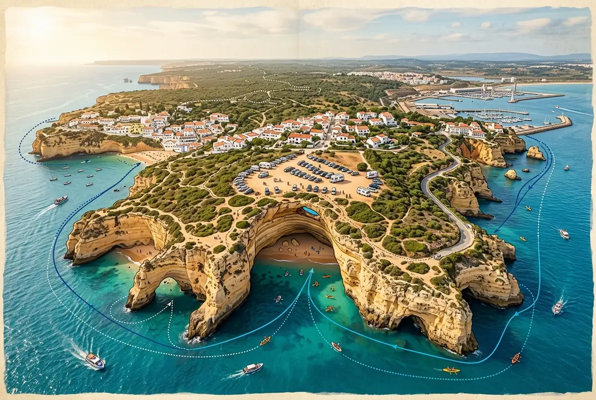 Illustrated map-style scene of the Algarve coastline showing Benagil cave, clifftop parking and nearby harbor towns with boat route lines, flat travel-map style