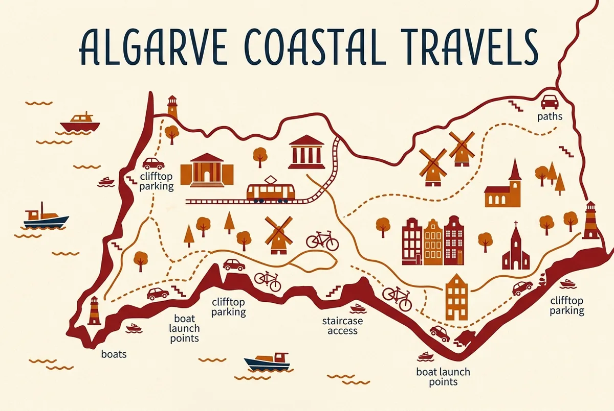 Simple map-style infographic marking Benagil's clifftop parking, staircase access and boat launch points along the Algarve coast, flat icon style, generic labels only