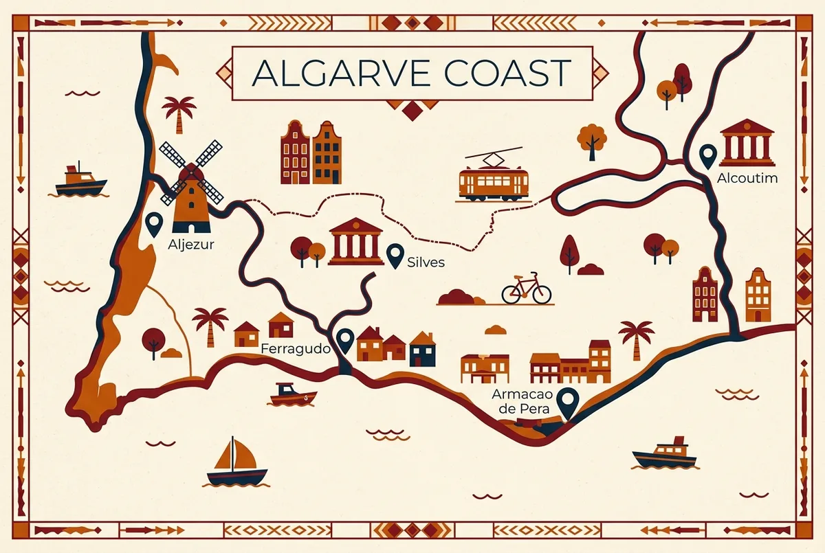 mapa ilustrado simple de la costa del algarve con marcadores en aljezur, silves, ferragudo, alcoutim y armacao de pera, etiquetas genericas sin cifras