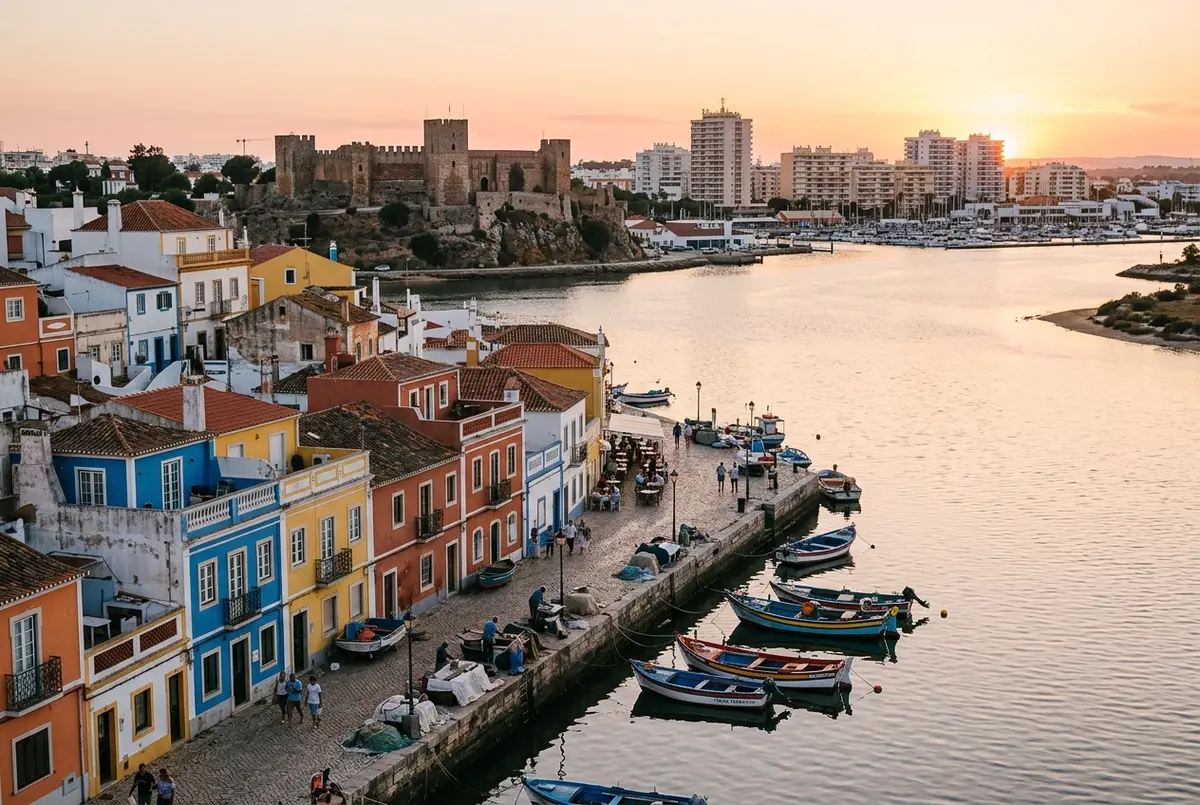 Bunte Fischerhäuser am Flussufer von Ferragudo mit Blick auf die Festung und die Skyline von Portimão im Hintergrund bei goldenem Abendlicht, portimao sehenswürdigkeiten Symbolbild