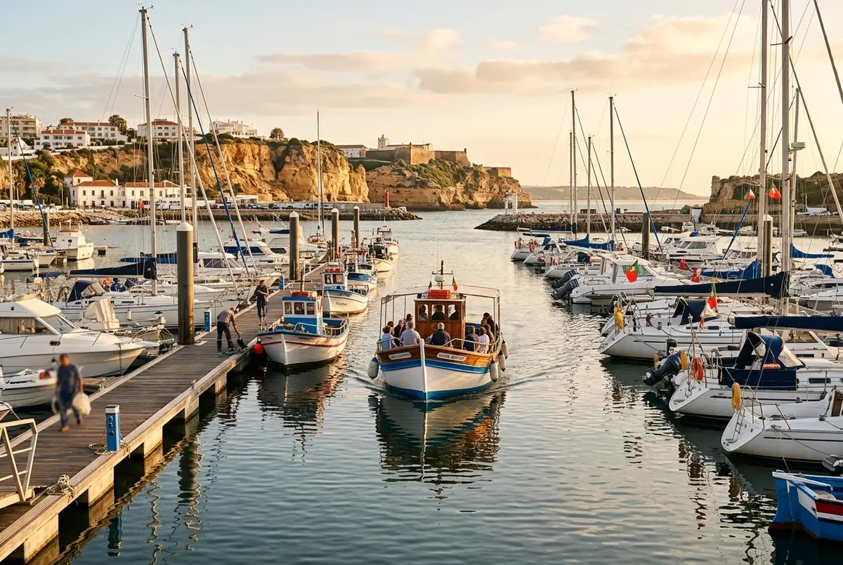 Marina de Portimão Portugal avec bateaux d'excursion amarrés et falaises de Praia da Rocha visibles au loin, lumière dorée de fin d'après midi, portimão ville