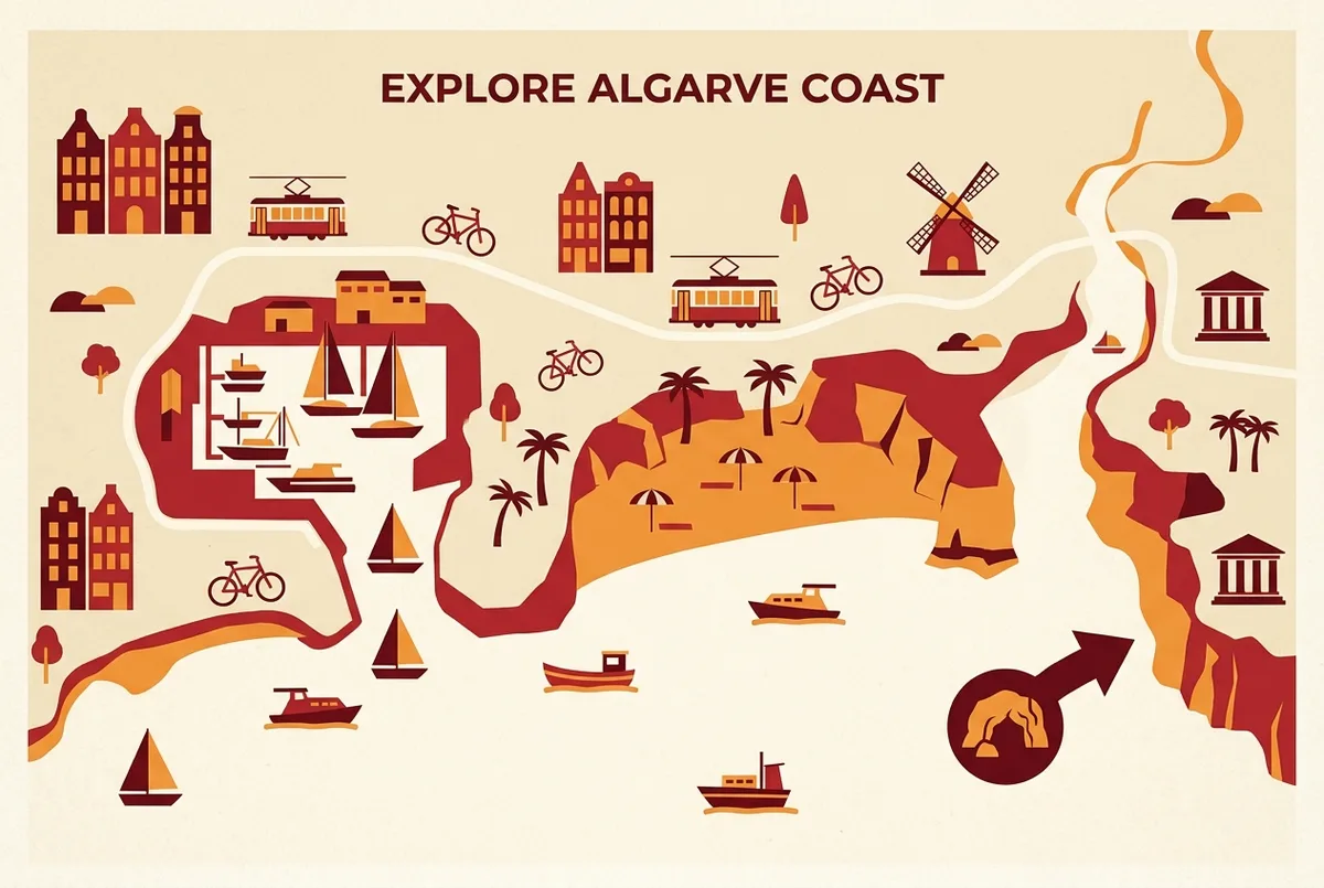 Carte illustrée simple montrant la marina de Portimão, la plage de Praia da Rocha et une flèche pointant vers la grotte de Benagil sur la côte de l'Algarve, style icônes plates, légendes génériques uniquement