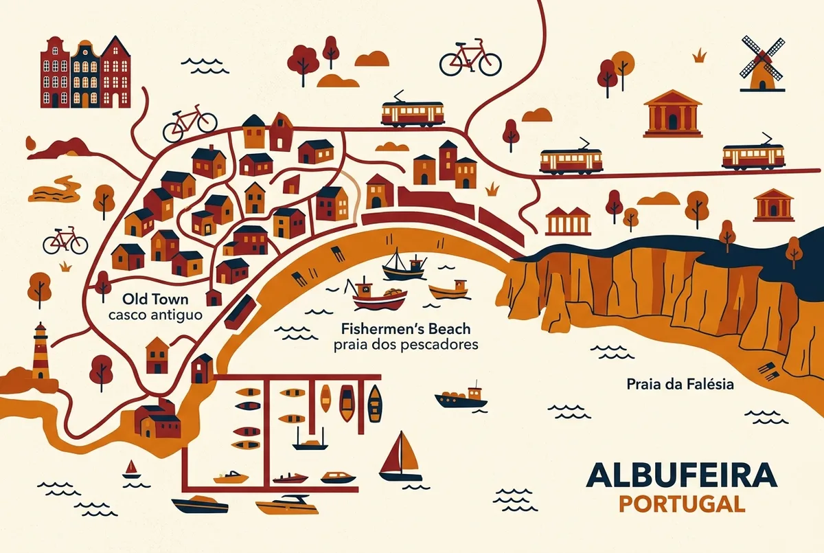 mapa simple ilustrado de albufeira portugal con el casco antiguo, la praia dos pescadores, la marina y la praia da falesia, etiquetas genericas sin cifras