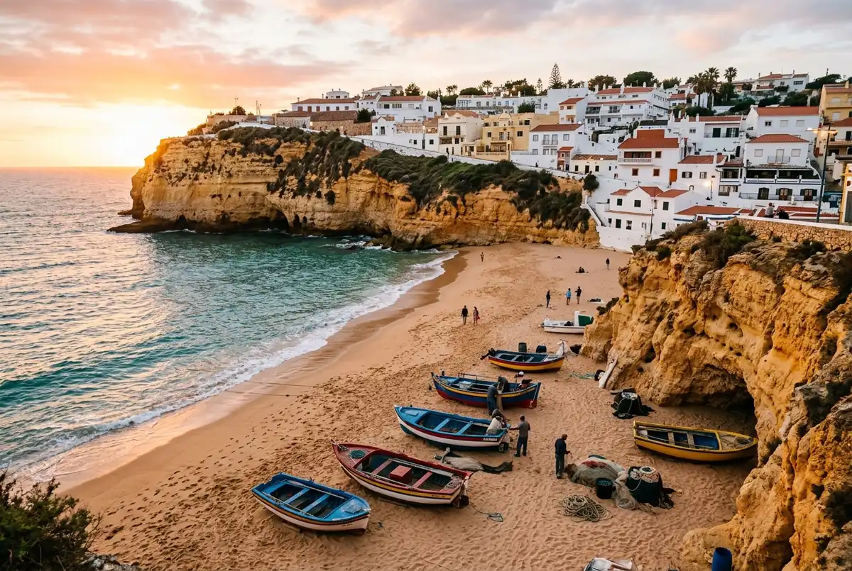 playa de carvoeiro portugal rodeada de acantilados dorados con barcos de pesca tradicionales en la arena, luz de atardecer, q ver en carvoeiro