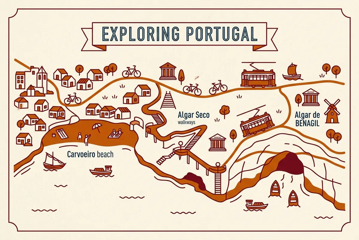 mapa simple ilustrado de carvoeiro mostrando la playa principal, las pasarelas de algar seco y la distancia corta hasta el algar de benagil, etiquetas genericas sin cifras