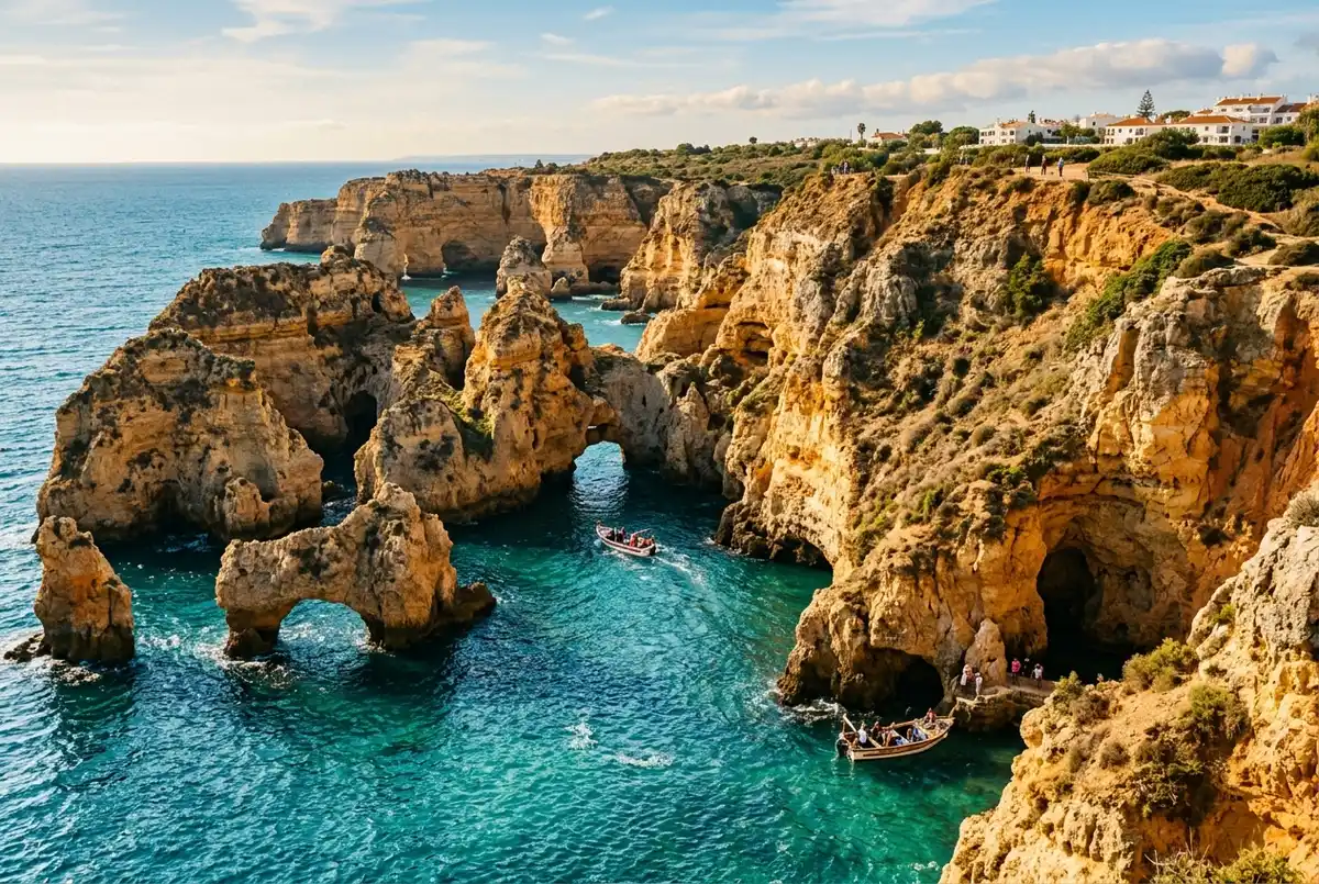 acantilados dorados y arcos naturales de la ponta da piedade en lagos portugal con aguas turquesas y barcos pequeños navegando entre las formaciones, lagos portugal pueblo