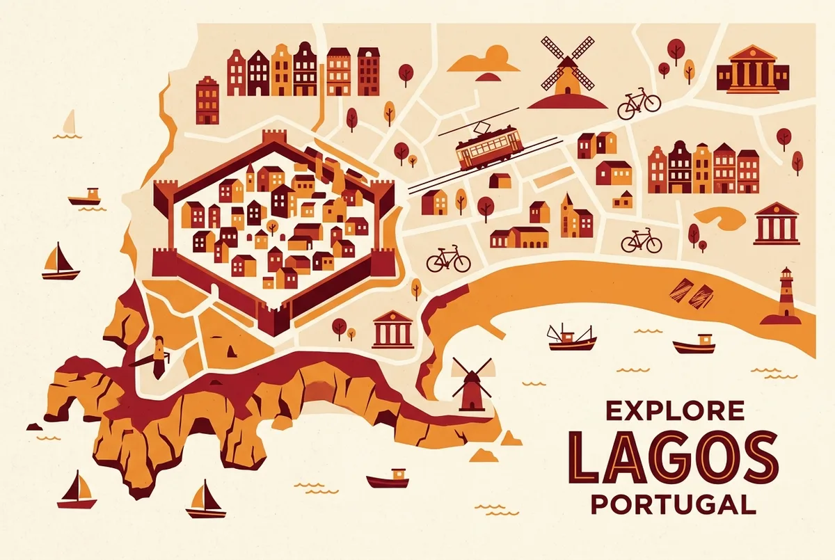 mapa simple ilustrado de lagos portugal con el casco historico amurallado, la ponta da piedade y la meia praia, etiquetas genericas sin cifras