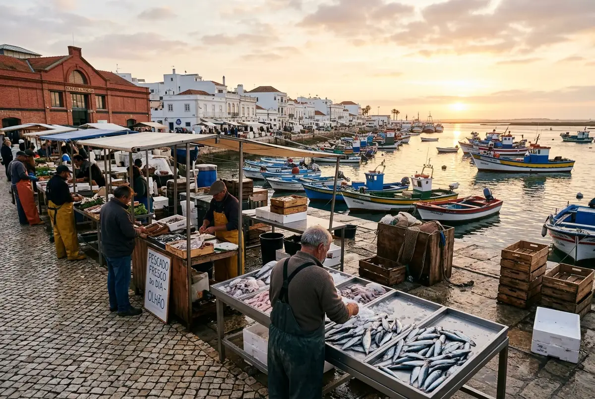 mercado de marisco de olhao portugal al amanecer con pescadores locales y puestos de pescado fresco frente al puerto, olhao que ver