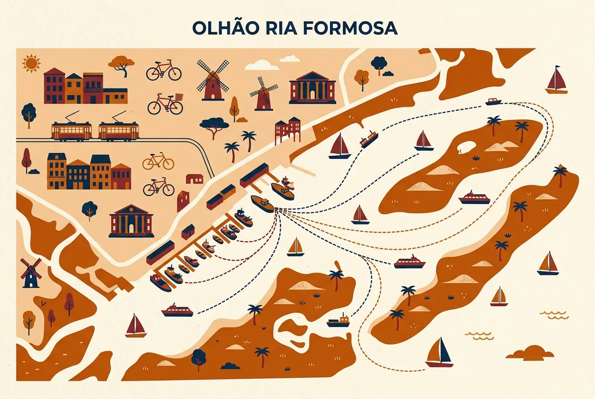 mapa simple ilustrado del puerto de olhao portugal con lineas de ruta en barco hacia las islas de culatra y armona en la ria formosa, etiquetas genericas sin cifras