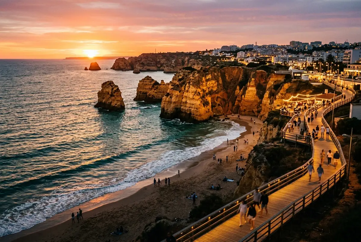 praia da rocha en portimao portugal al atardecer con formaciones rocosas doradas en el mar y el paseo maritimo iluminado, portimao que ver