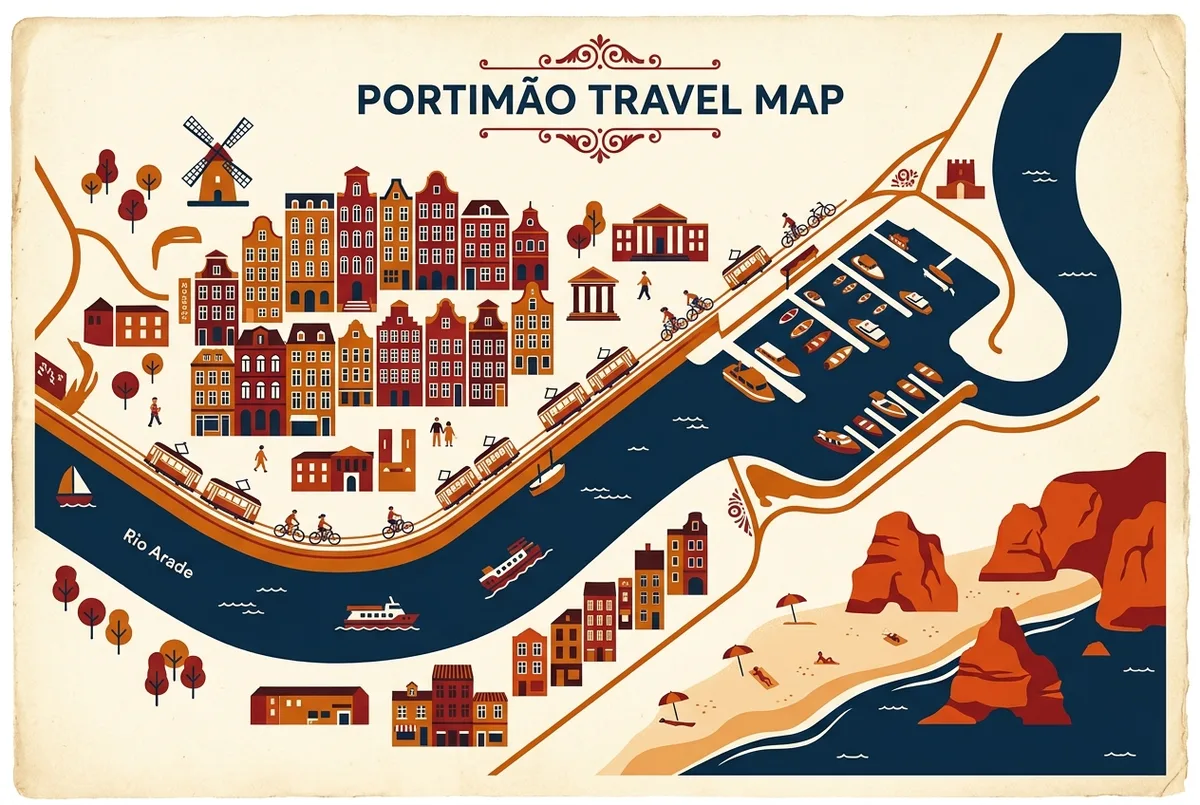 mapa simple ilustrado de portimao mostrando la praia da rocha, el casco antiguo junto al rio arade y el puerto de salida de excursiones en barco, etiquetas genericas sin cifras