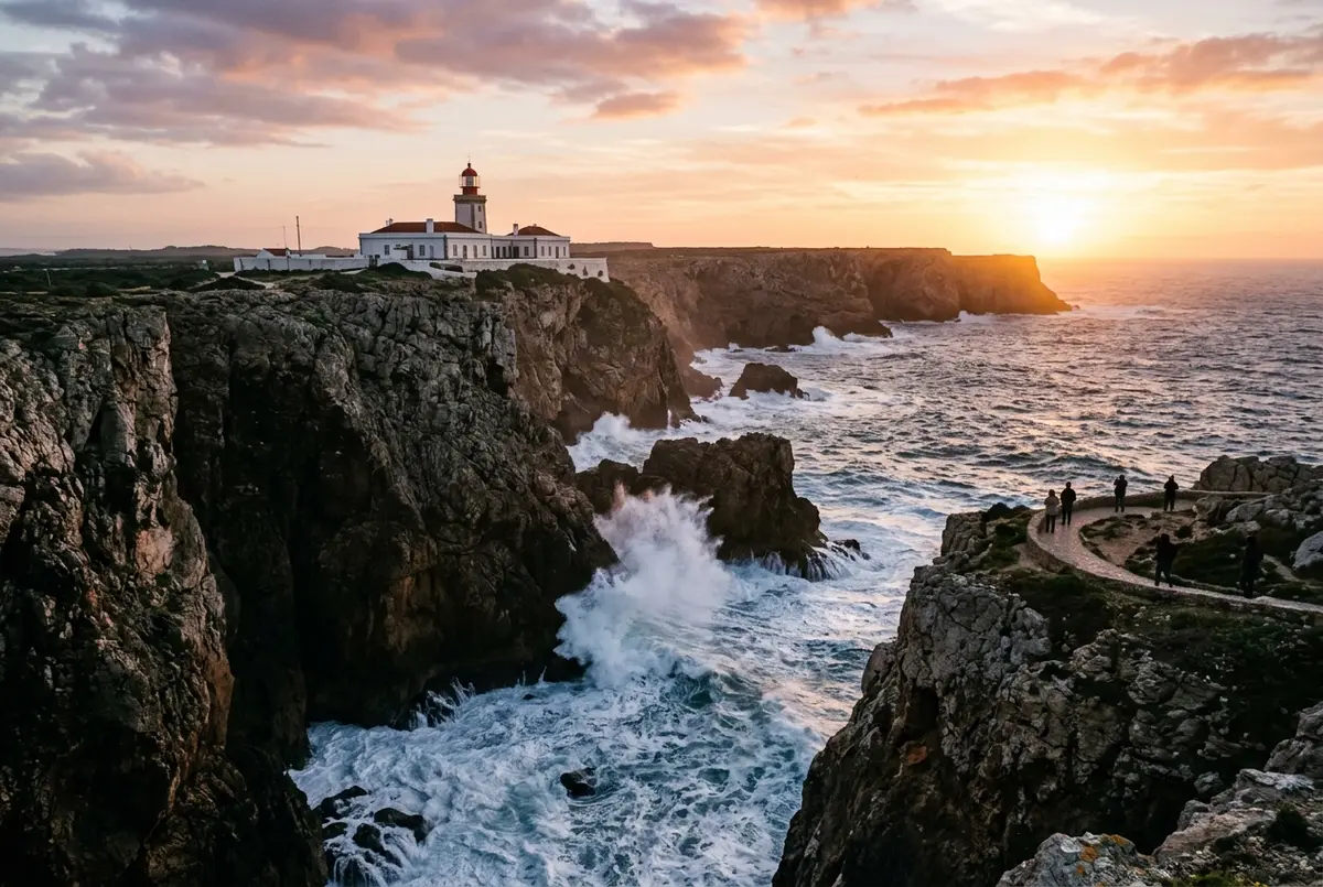 acantilados dramaticos del cabo de san vicente en sagres portugal al atardecer con el faro blanco y el oceano atlantico embravecido, sagres que ver