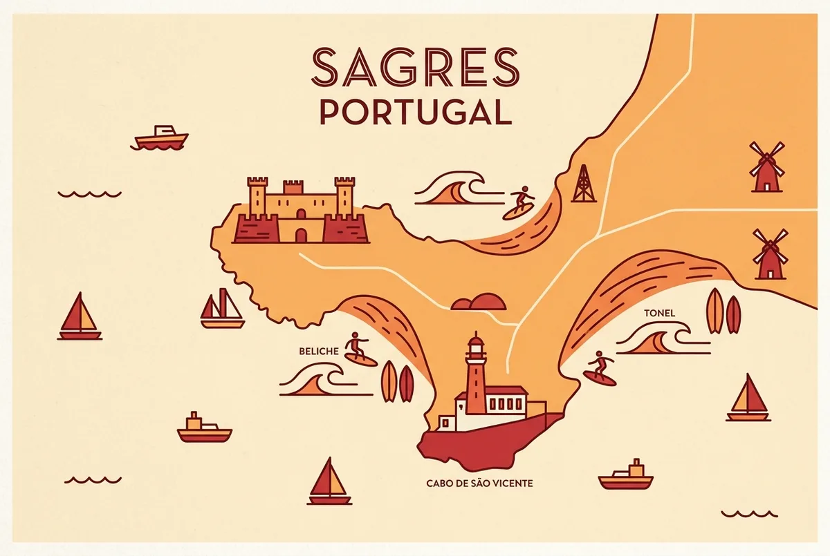 mapa simple ilustrado de sagres portugal con la fortaleza, el cabo de san vicente y las playas de surf tonel y beliche, etiquetas genericas sin cifras