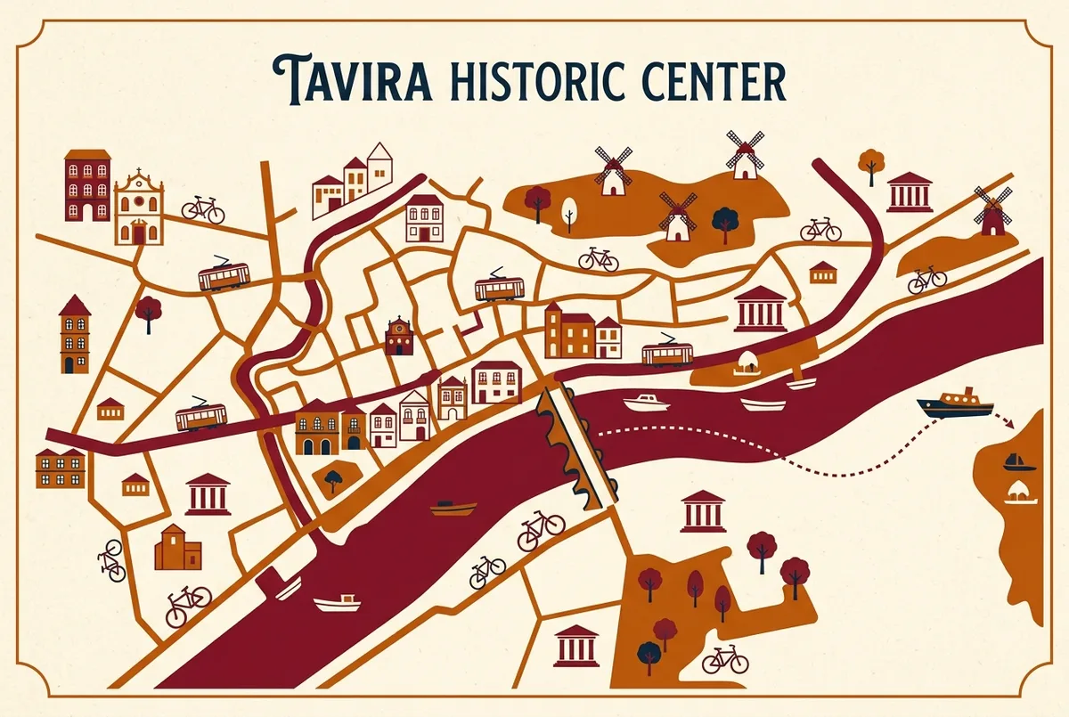 mapa simple ilustrado del casco historico de tavira con el rio gilao, el puente romano y el trayecto en barco hacia la ilha de tavira, etiquetas genericas sin cifras