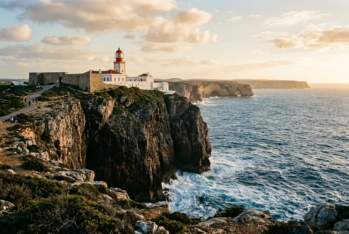 Phare blanc du Cap Saint Vincent perché sur des falaises abruptes à la pointe sud ouest du Portugal avec l'océan Atlantique à perte de vue, lumière dorée de coucher de soleil, cap saint vincent sagres