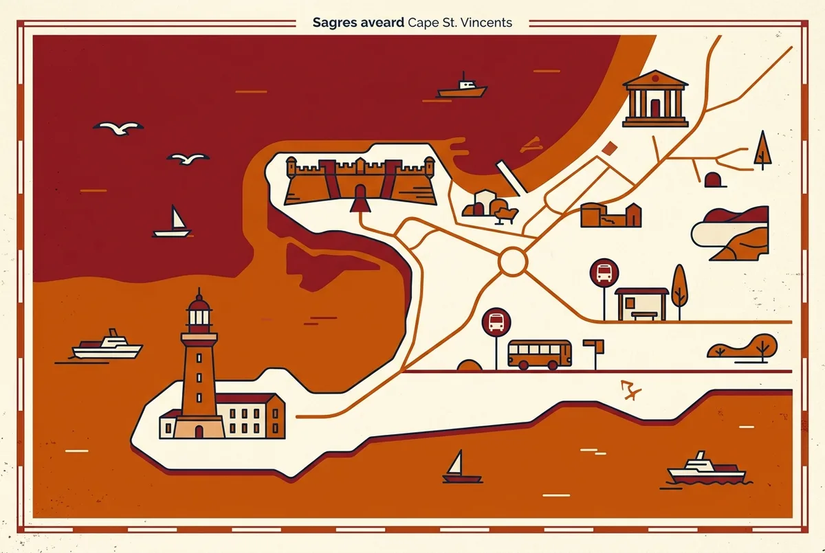 Carte illustrée simple montrant Sagres, la forteresse, le phare du Cap Saint Vincent et l'arrêt de bus vers Lagos, style icônes plates, légendes génériques uniquement