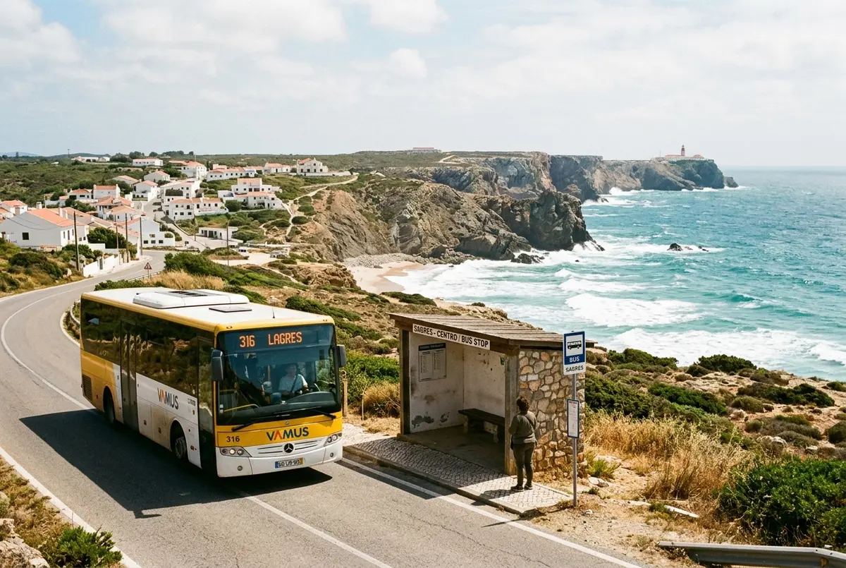 Regional Algarve bus pulling into a small stop in Sagres Portugal with the wild Atlantic coastline in the background, midday light