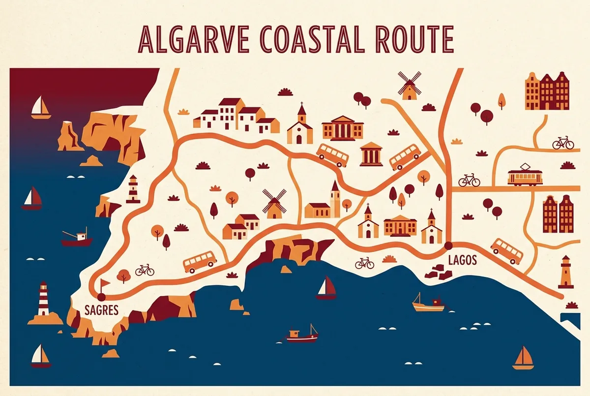 Simple map-style infographic showing the coastal bus route between Sagres and Lagos along the Algarve's western coast, flat icon style, generic labels only