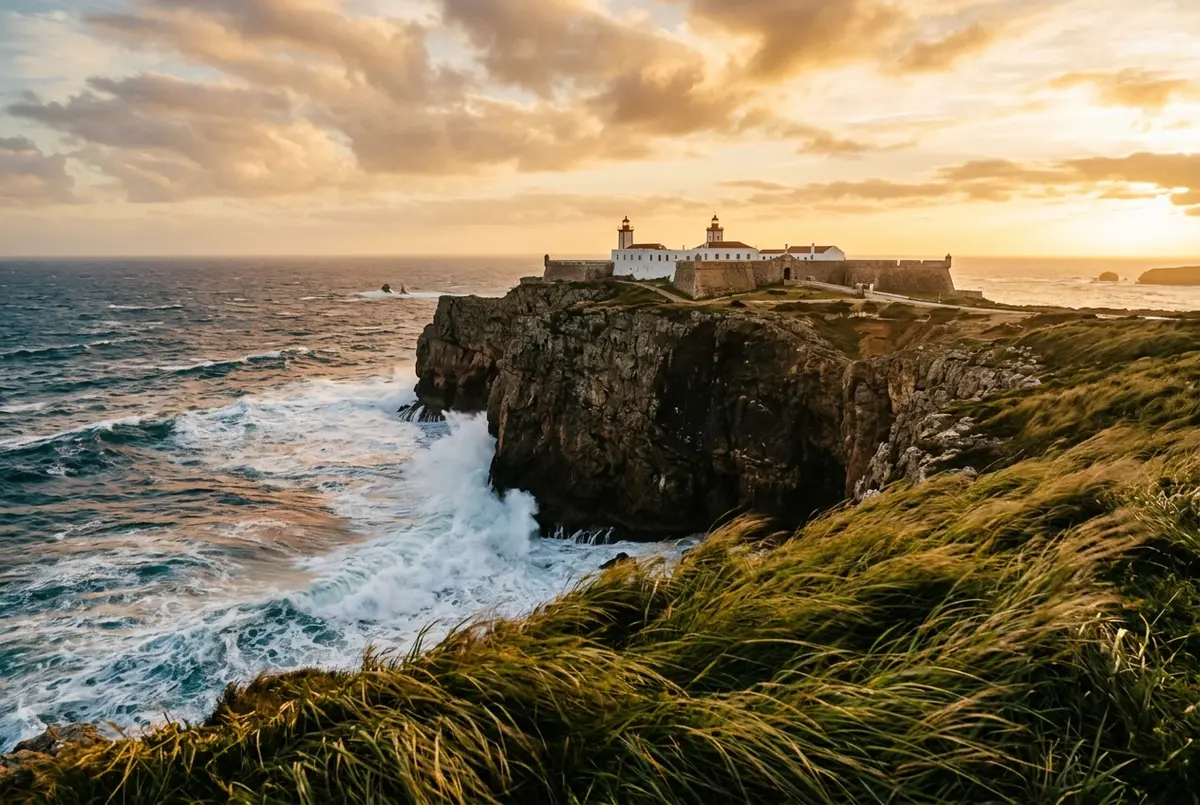 Dramatic clifftop view over Sagres Portugal with strong Atlantic wind visibly moving grass and waves crashing against the fortress headland, golden hour
