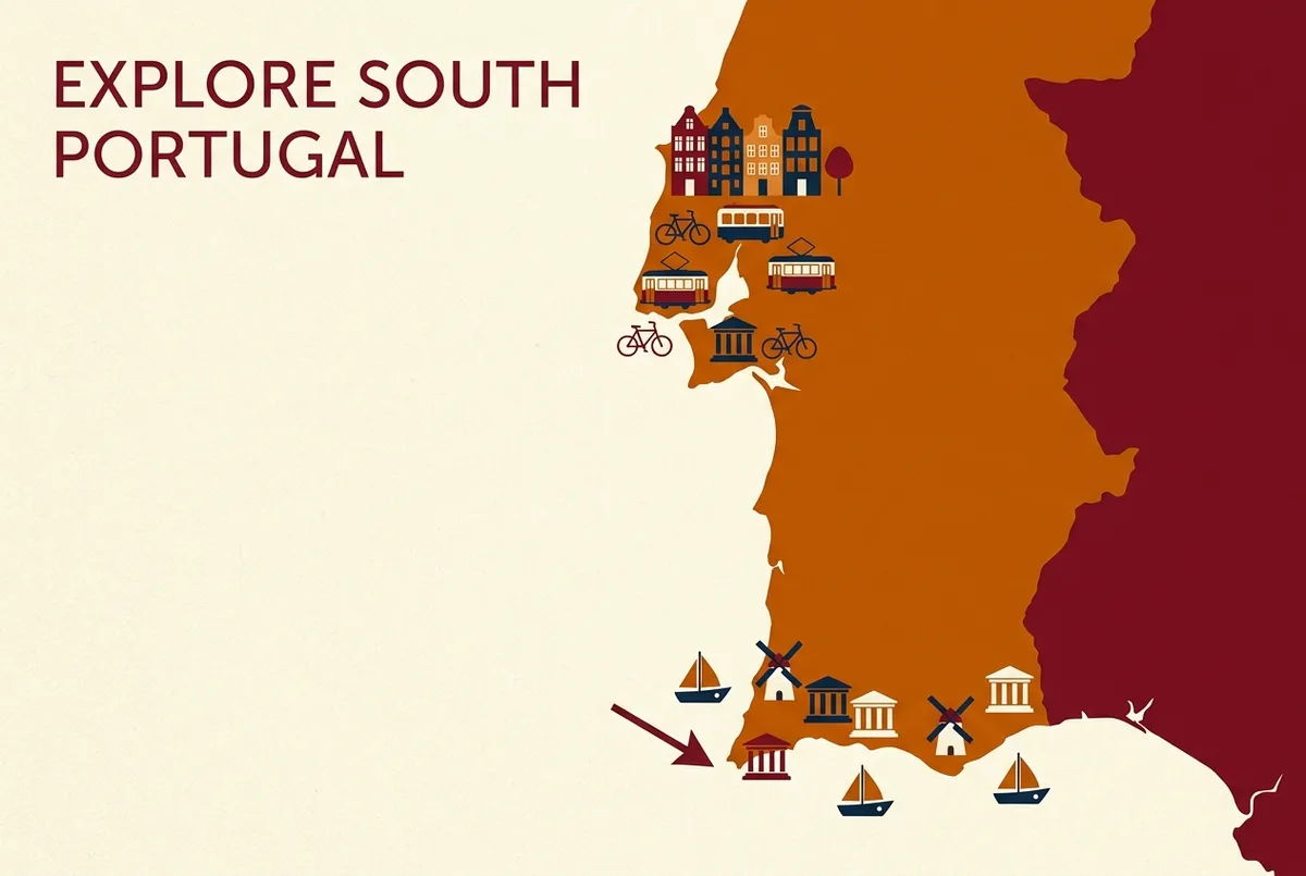 Simple map-style infographic showing Sagres's position at the Algarve's south western tip relative to the rest of the coast and Lisbon, flat icon style, generic labels only