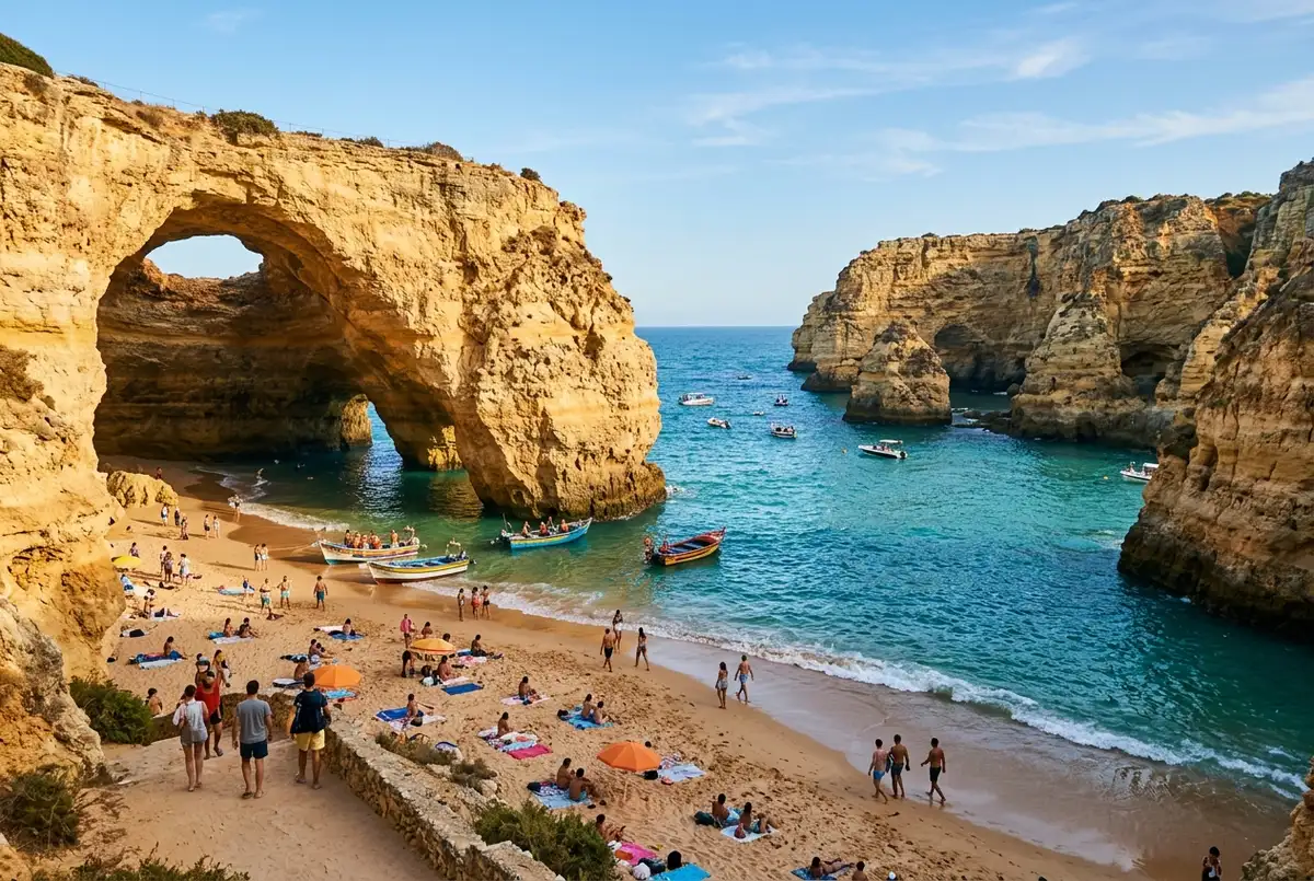 Spiaggia sabbiosa dell'ilha de tavira con ombrelloni radi e acqua turchese poco profonda, dune di sabbia sullo sfondo, luce calda di metà mattina, nessuna persona riconoscibile in primo piano