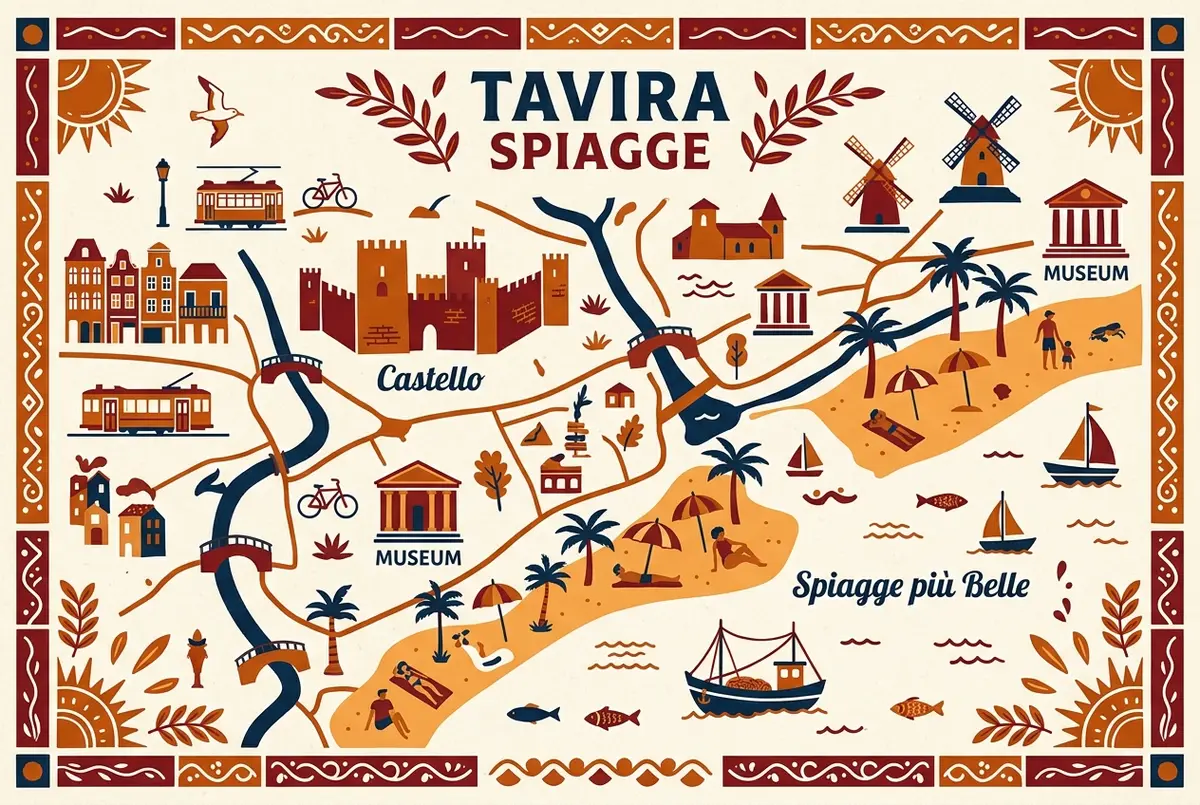 illustrated map of amsterdam highlights for Tavira: Spiagge più Belle e Castello, tavira spiagge