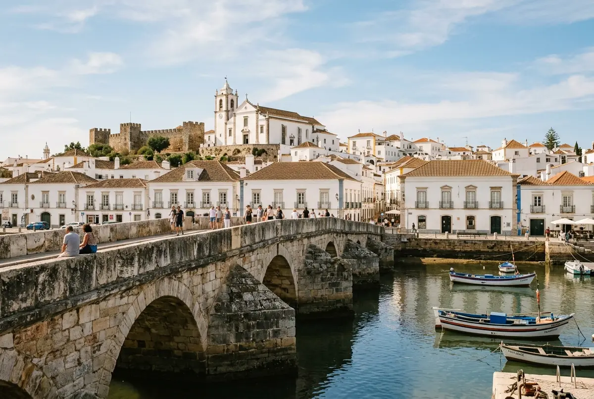 Pont romain en pierre traversant la rivière Gilão à Tavira Portugal avec des façades traditionnelles blanches et une église en arrière plan, lumière douce de fin de matinée, que faire à tavira