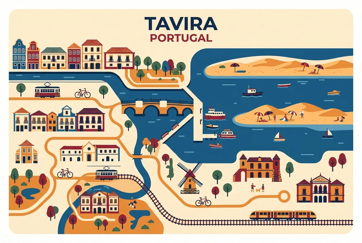 Carte illustrée simple montrant Tavira, son pont romain, l'embarcadère du bac et l'île barrière avec la lagune de Ria Formosa, style icônes plates, légendes génériques uniquement
