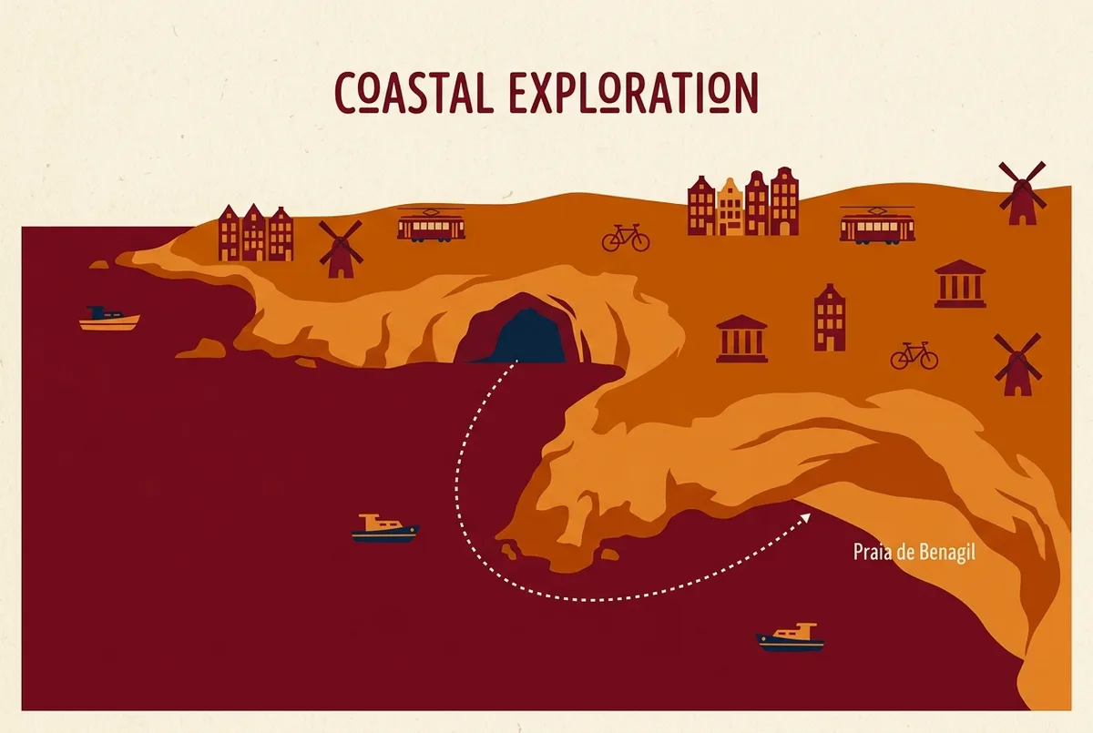 Einfache kartenartige Infografik zeigt die kurze offene Schwimmstrecke von der Praia de Benagil um die Landzunge zum Höhleneingang, Flat Icon Stil, nur generische Beschriftungen ohne Statistiken